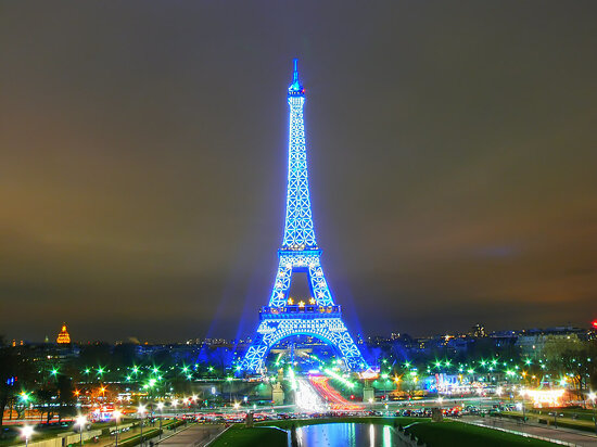 Blue Eiffel Tower with flash