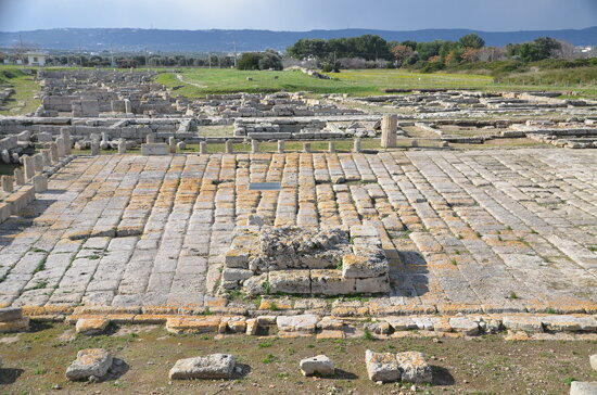 The Roman forum, it was paved with regular blocks of tufa and enclosed by a portico with Doric colum