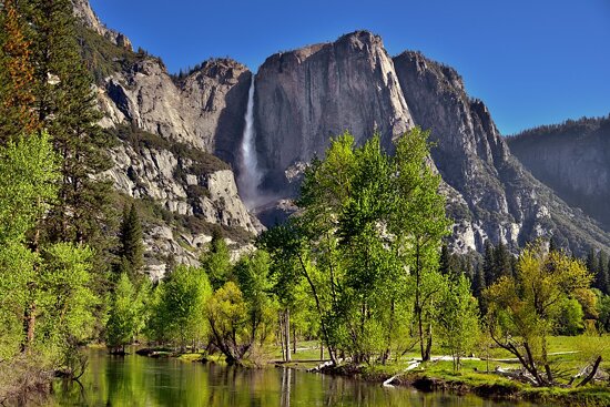 Waterfall, Mountain Peaks, Trees as a Setting to Take in the Merced River
