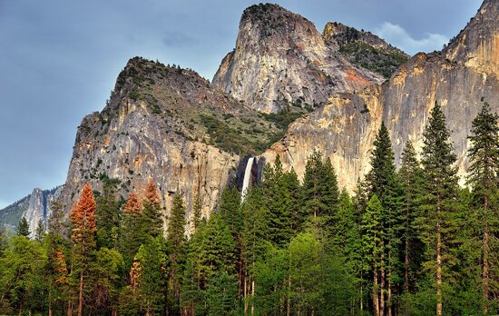 Bridalveil Fall with the Nearby Towering Peaks of Cathedral Rocks (Yosemite National Park)