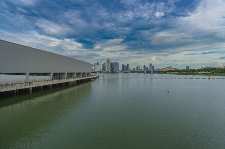 Marina Bay with city skyline seen from Marina Barrage in Singapore