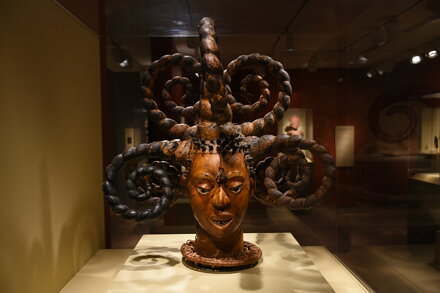 Wood and Skin Crest Mask with Fancy Curly Hair - Ejagham Nigeria